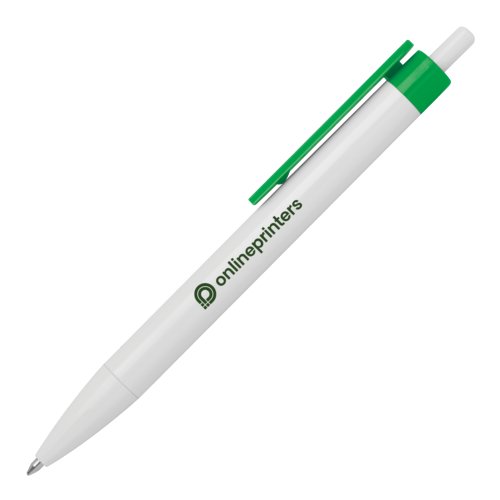 Stylo  bille en plastique blanc avec clip et mcanisme  pression.