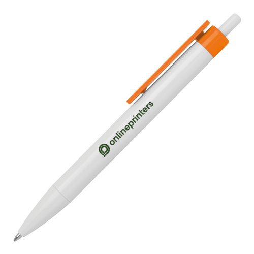 Stylo  bille en plastique orange avec clip et mcanisme  pression.
