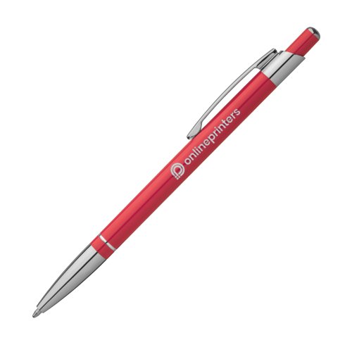 Stylo  bille en mtal rouge avec clip et bouton poussoir.