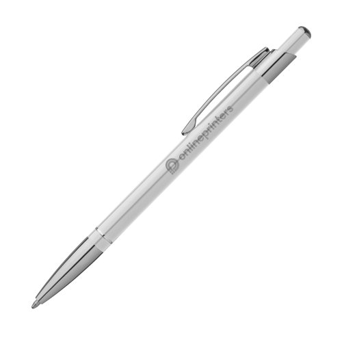 Stylo  bille en mtal blanc avec clip et mcanisme  pression.