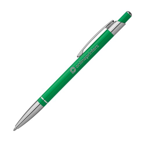 Stylo  bille en mtal vert avec clip et mcanisme  pression.