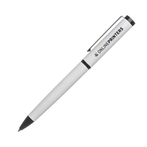 Stylo  bille en mtal blanc avec clip et bouton-poussoir.
