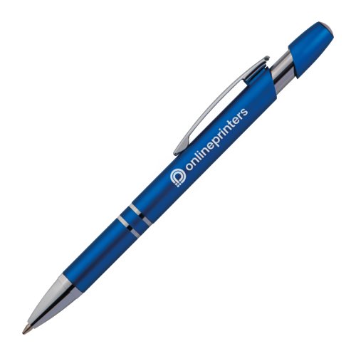 Stylo  bille en mtal bleu avec clip et bouton-poussoir.