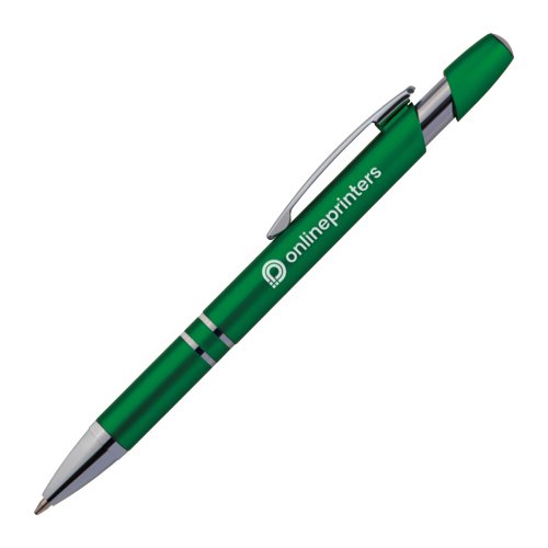 Stylo  bille en mtal vert avec clip et bouton-poussoir.