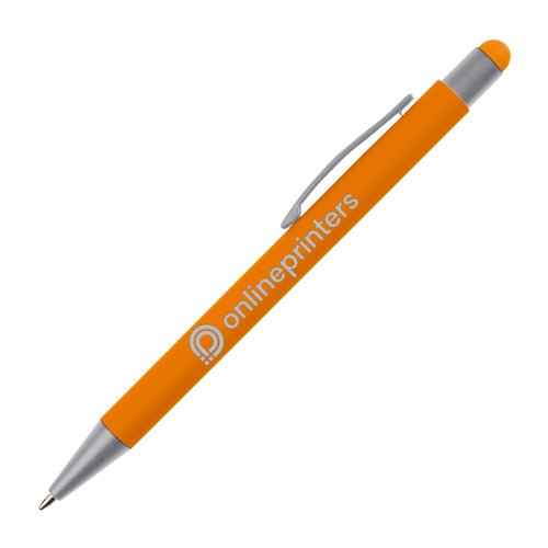 Stylo  bille orange en plastique avec stylet et clip.