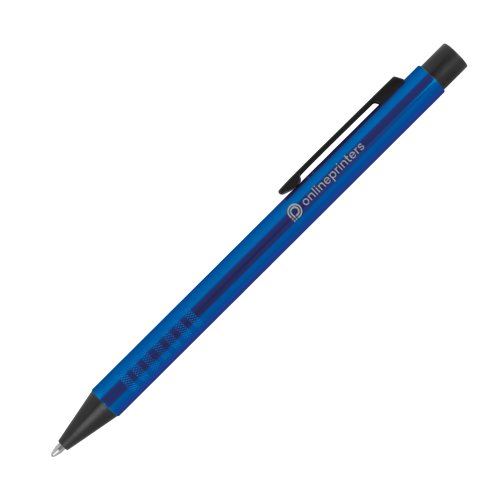 Stylo  bille en mtal bleu avec motif, clip et mcanisme  poussoir.
