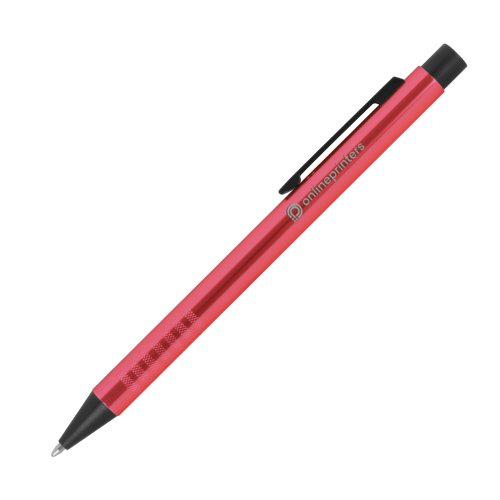 Stylo  bille en mtal rouge  motif, clip et mcanisme  poussoir.
