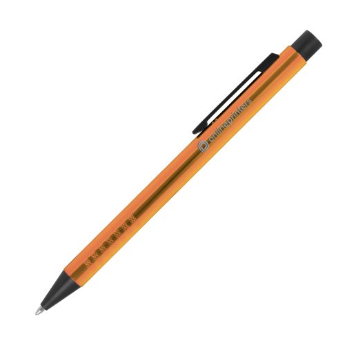 Stylo  bille orange en mtal avec motif, clip et mcanisme  poussoir.