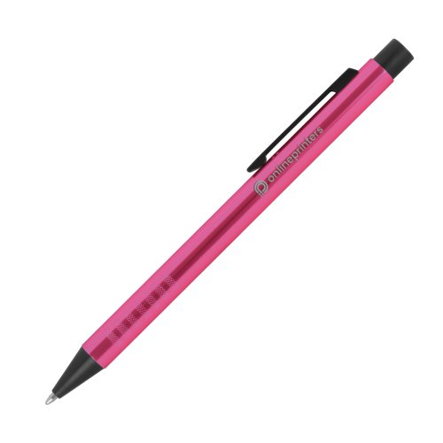 Stylo  bille en mtal rose avec motif, clip et mcanisme  poussoir.