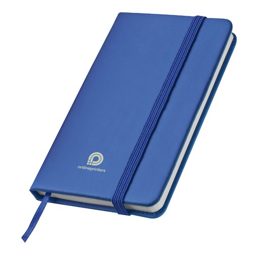Carnet bleu avec lastique et marque-page en ruban.