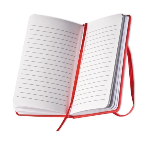 Carnet rouge avec pages lignes et marque-page ruban.