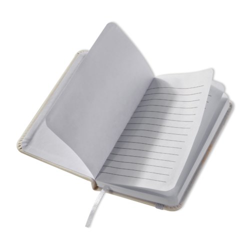 Carnet blanc avec couverture rigide et marque-page.