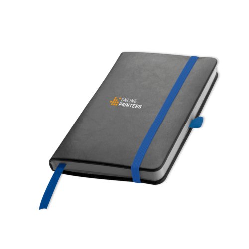 Carnet bleu � couverture rigide avec fermeture �lastique et marque-page.