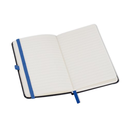 Carnet bleu avec lastique et pages lignes.