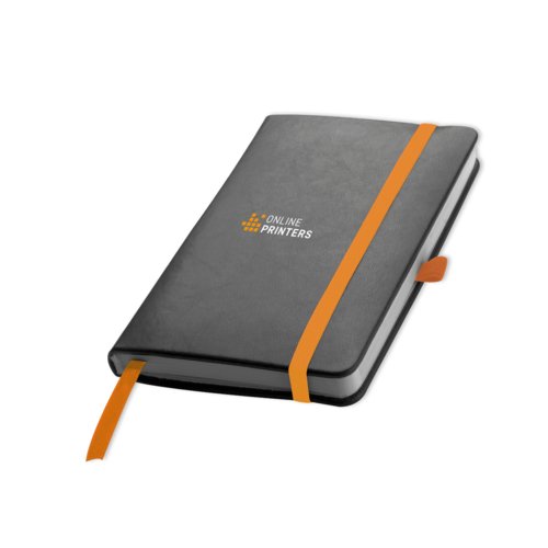 Carnet orange avec �lastique et marque-page ruban.