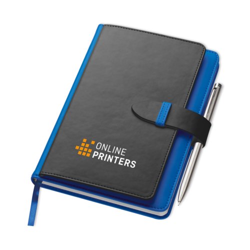 Carnet bleu avec sangle de fermeture et passant pour stylo.