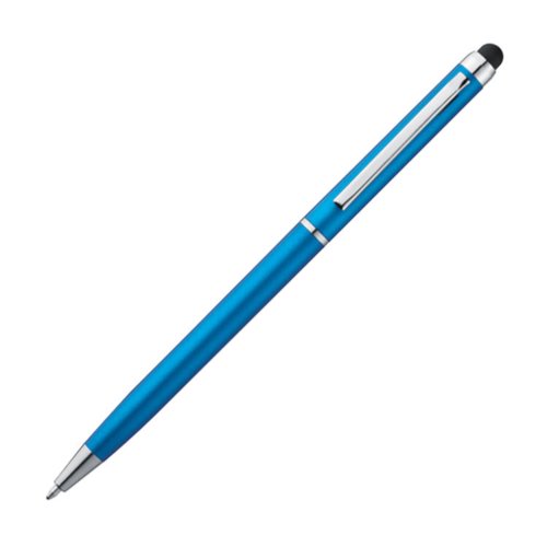 Stylo  bille en mtal bleu clair avec fonction tactile et clip.