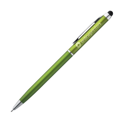 Stylo  bille en mtal vert pomme avec fonction tactile et clip.