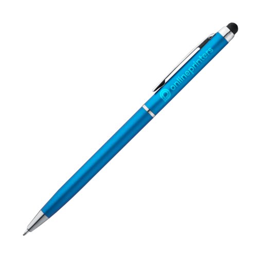 Stylo  bille en mtal bleu clair avec fonction tactile et clip.