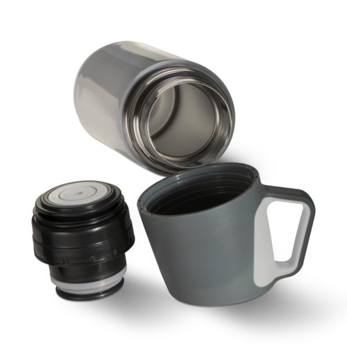 Bouteille isotherme grise en mtal avec tasse amovible.