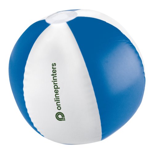Ballon de plage bleu en plastique avec motif multicolore.