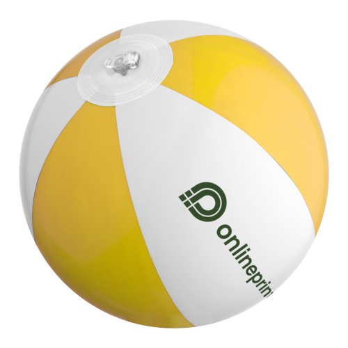 Ballon de plage jaune en plastique avec valve gonflable.