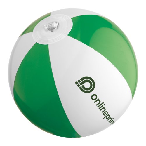 Ballon de plage en plastique vert et blanc, design gonflable.