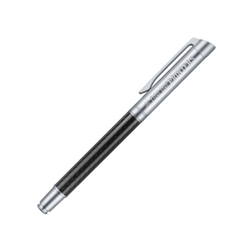 Stylo roller en mtal argent avec des lments en carbone et un clip.
