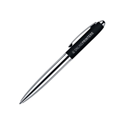 Stylo � bille noir rotatif avec �l�ments m�talliques et surface douce.
