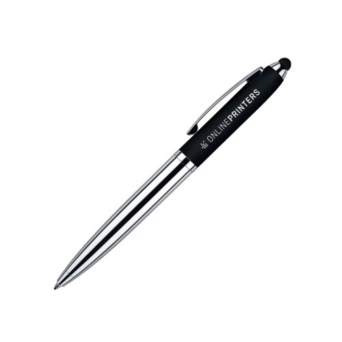 Stylo � bille en m�tal noir avec pav� tactile et m�canisme rotatif.