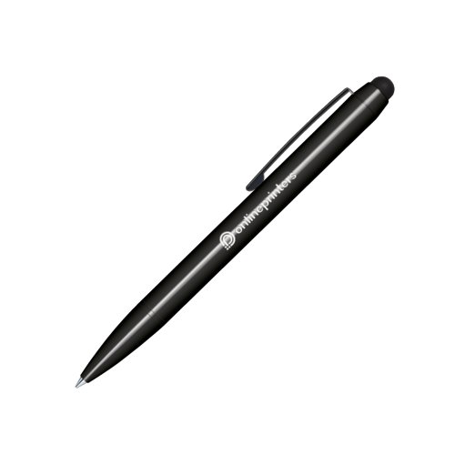 Stylo  bille noir en plastique avec touchpad et clip.