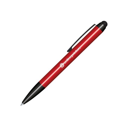 Stylo  bille rotatif rouge en plastique avec stylet touchpad et clip.