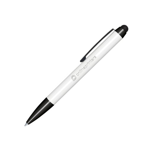 Stylo  bille blanc avec mcanisme rotatif, stylet pour cran tactile et clip.