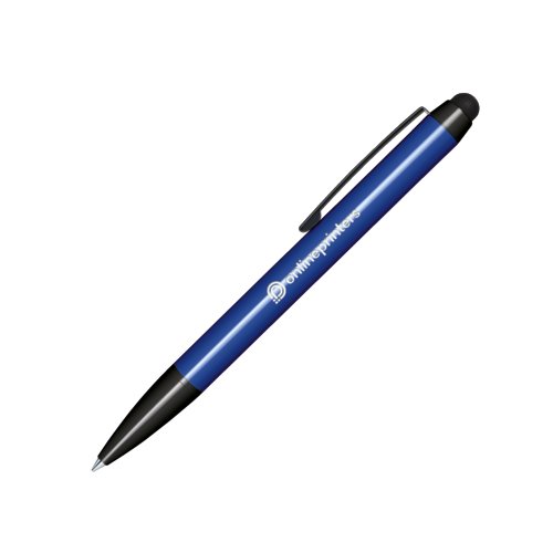 Stylo  bille rotatif en plastique bleu fonc avec stylet pour cran tactile et clip.