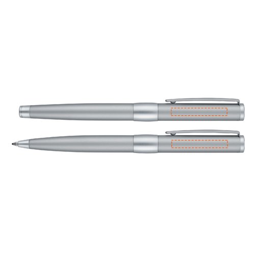 Ensemble de stylos en mtal couleur chrome avec stylo  bille, roller et tui en cuir.