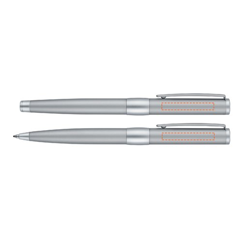 Ensemble d'criture en mtal de couleur chrome comprenant un stylo  bille et un roller, avec tui.