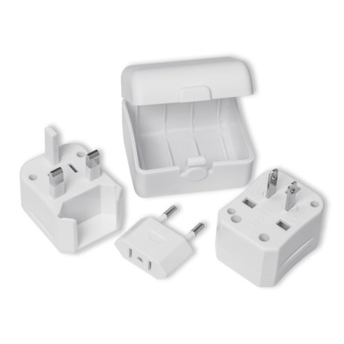 Adaptateur de voyage blanc en plastique avec diffrents types de fiches et bote de rangement.