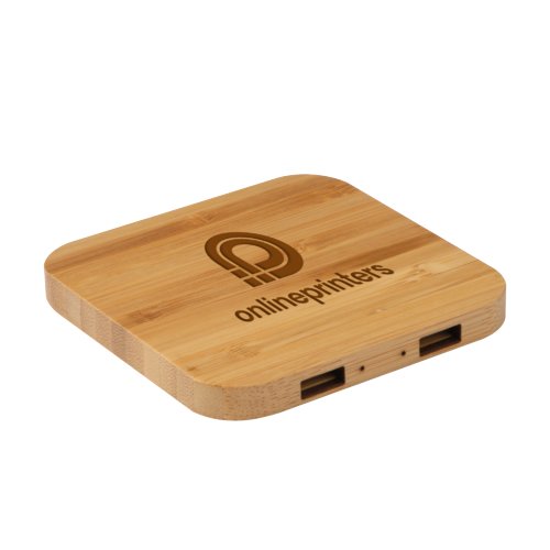 Chargeur  induction en bambou bois clair avec plusieurs ports USB.