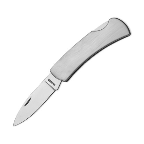 Couteau de poche en acier inoxydable gris avec une lame.