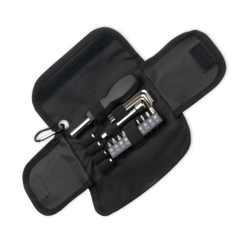 Jeu d'outils noir dans un tui en tissu avec divers embouts.