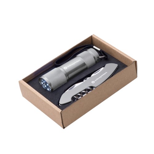Ensemble lampe de poche et couteau de poche argent dans une bote en carton.