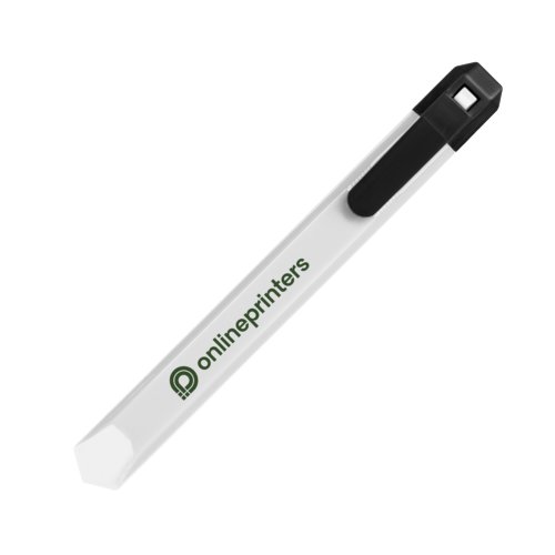 Cutter en plastique blanc avec protection de lame et clip.