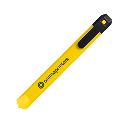 Cutter  carton jaune avec protection de lame et clip.