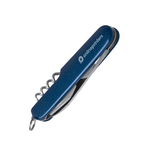 Couteau de poche bleu avec divers outils et un anneau porte-cls.