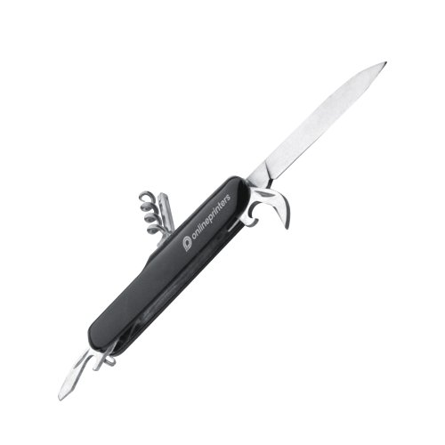 Couteau de poche noir avec plusieurs outils en acier inoxydable.
