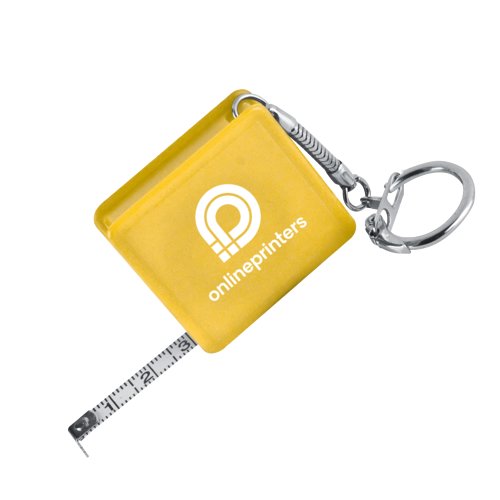 Mtre ruban jaune en plastique avec porte-cls et rtraction automatique.