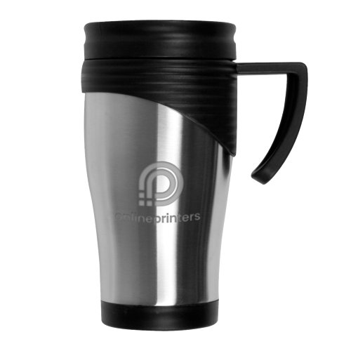 Mug isotherme en acier inoxydable avec couvercle et poigne noirs.