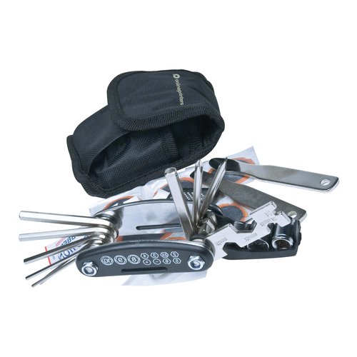 Kit de rparation de vlo noir avec outils et sacoche.