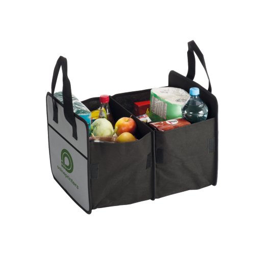Organisateur de coffre en tissu gris avec compartiments et poignes.