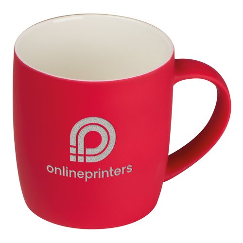 Tasse rouge en cramique avec anse.